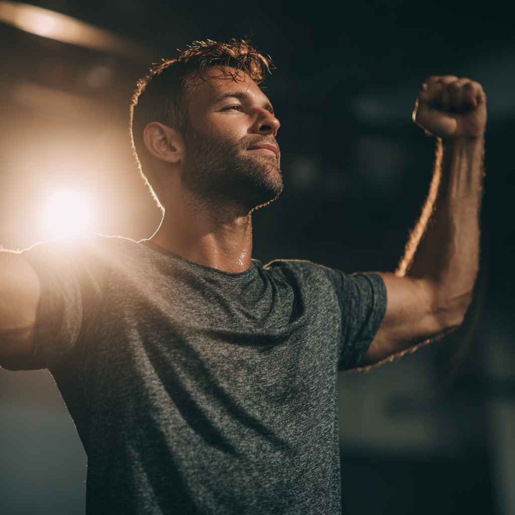 Confident successful man celebrating achievement after completing challenging workout