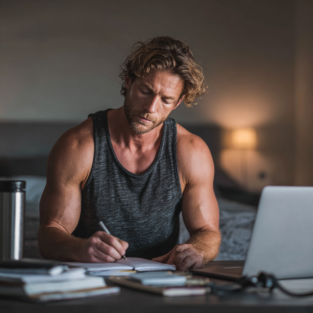 Determined man planning his goals and workout routine with notebook and laptop