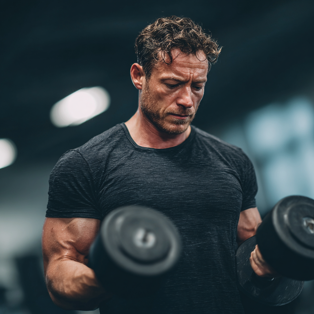 Strong focused man during intense workout session with dumbbells in modern gym